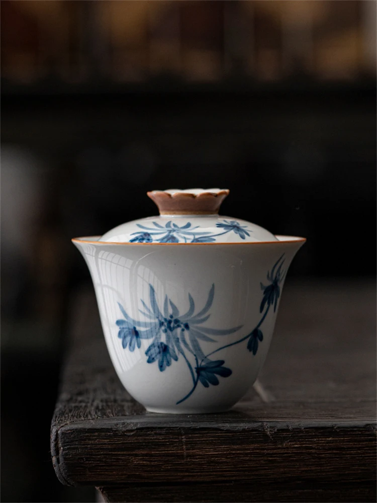 Chinese Style Anti Scalding Ceramic Kung Fu Tea Set, Hand-painted Cover Bowl, Chrysanthemum Tea Cup, Autumn, XH066