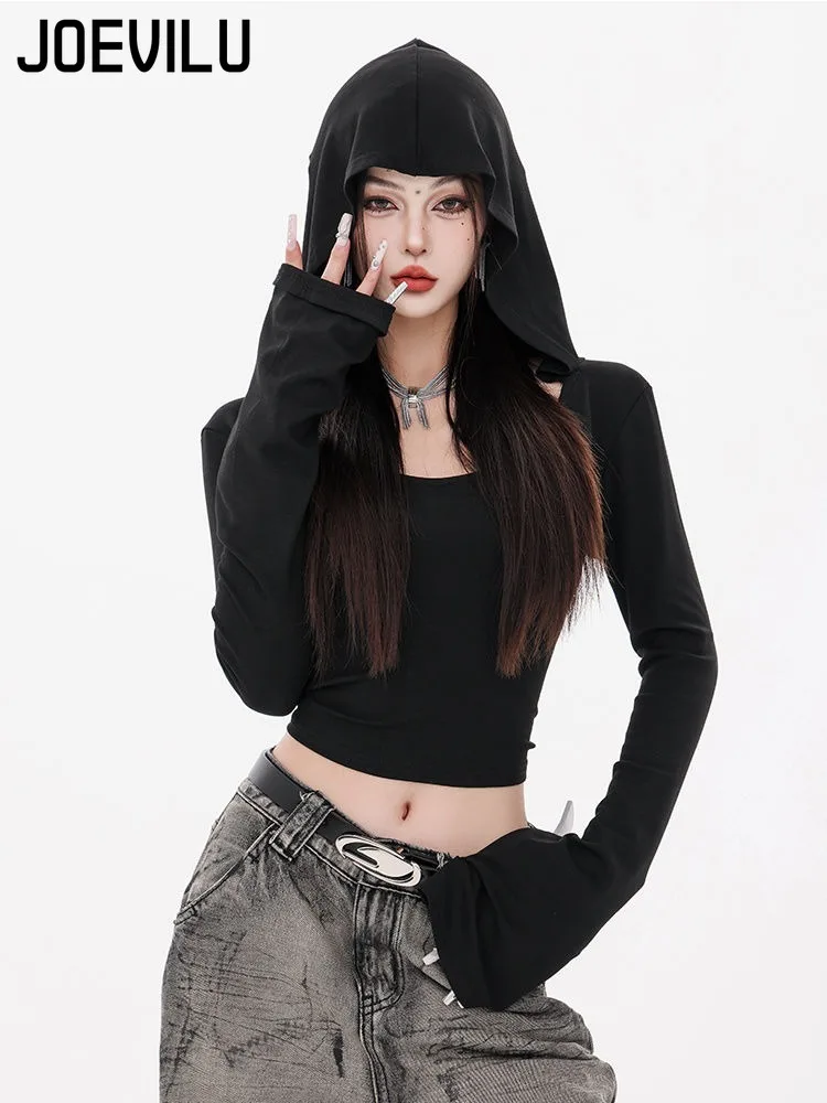 Sexy Camisole Hooded Long Sleeve Shirt Women's Y2K Streetwear Autumn Fashion Unique Design Halter Top Slim elegant Pullovers top