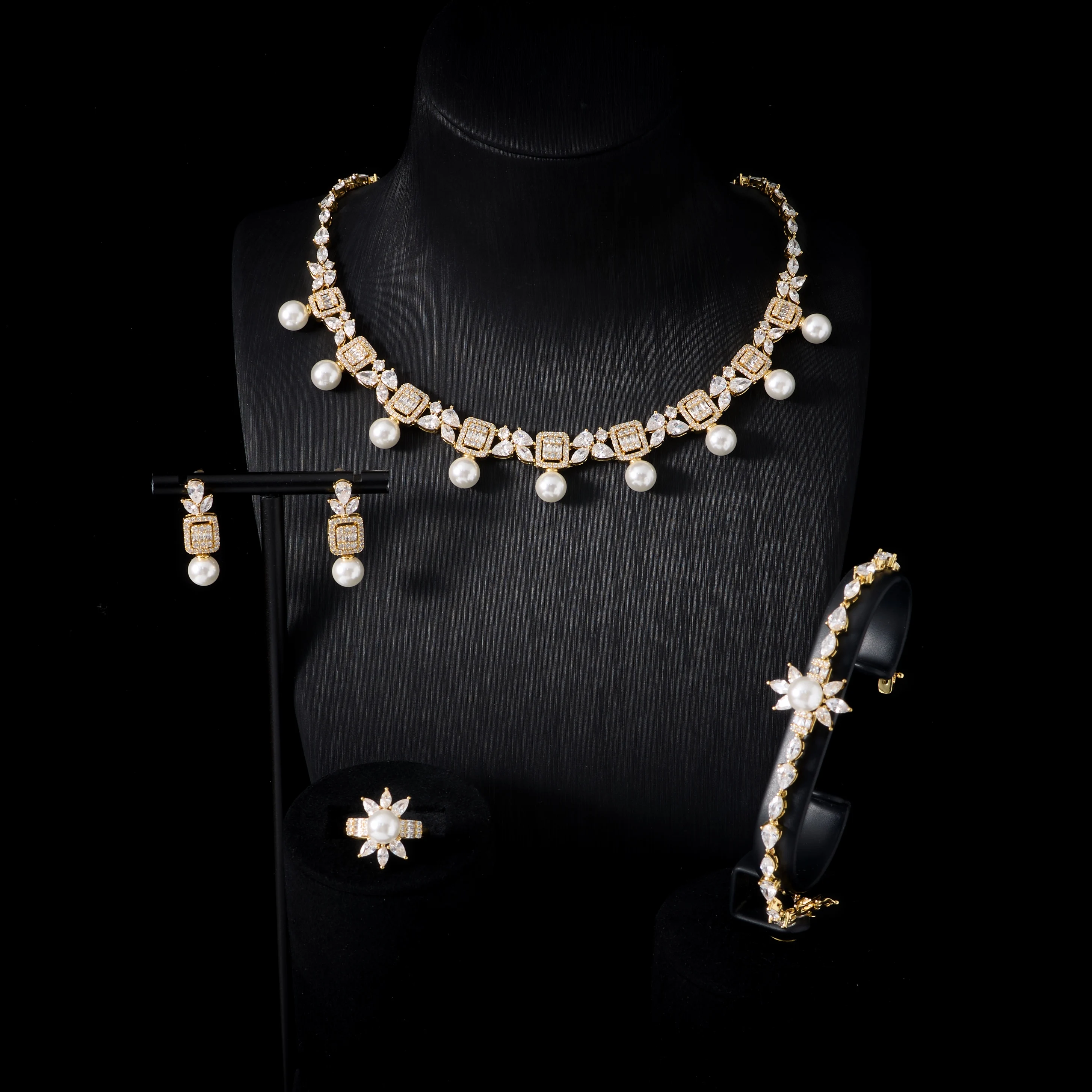 00129  Jewelry Set for Women 4pcs Cubic Zirconia & Pearl Necklace Earrings Bracelet Ring Set Bridal Wedding Party  Accessories