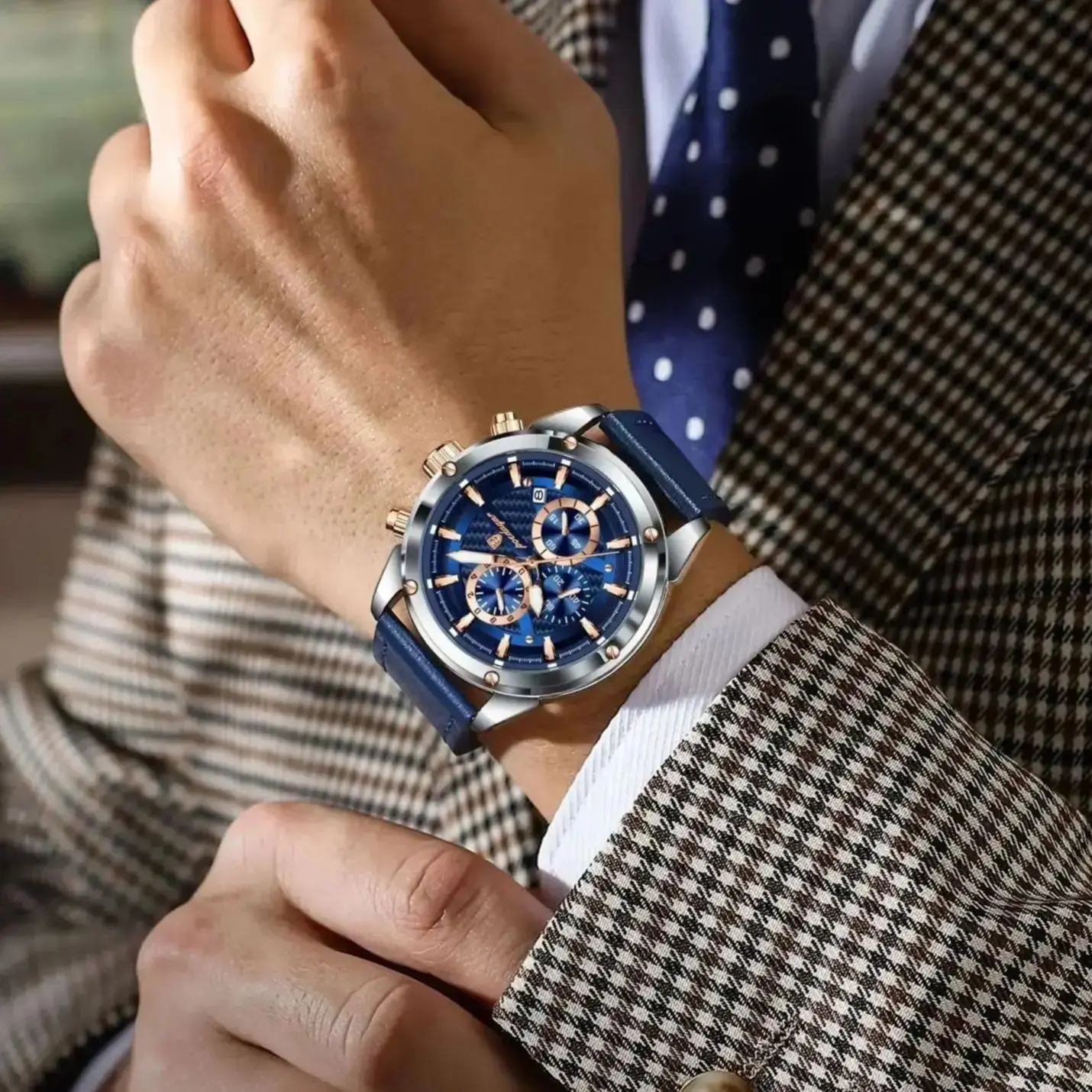 POEDAGAR رجل الأعمال ساعة مقاوم للماء مضيئة كرونوغراف تاريخ الساعات الأصلية للرجال جلدية فاخرة ساعة يد كوارتز رجالية