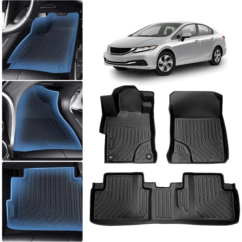 

US Floor Mats for 2012 2013 2014 2015 Honda Civic All Weather Rubber Civic Floor Liners,3PCS Front&Rear Row Full Set Waterproof