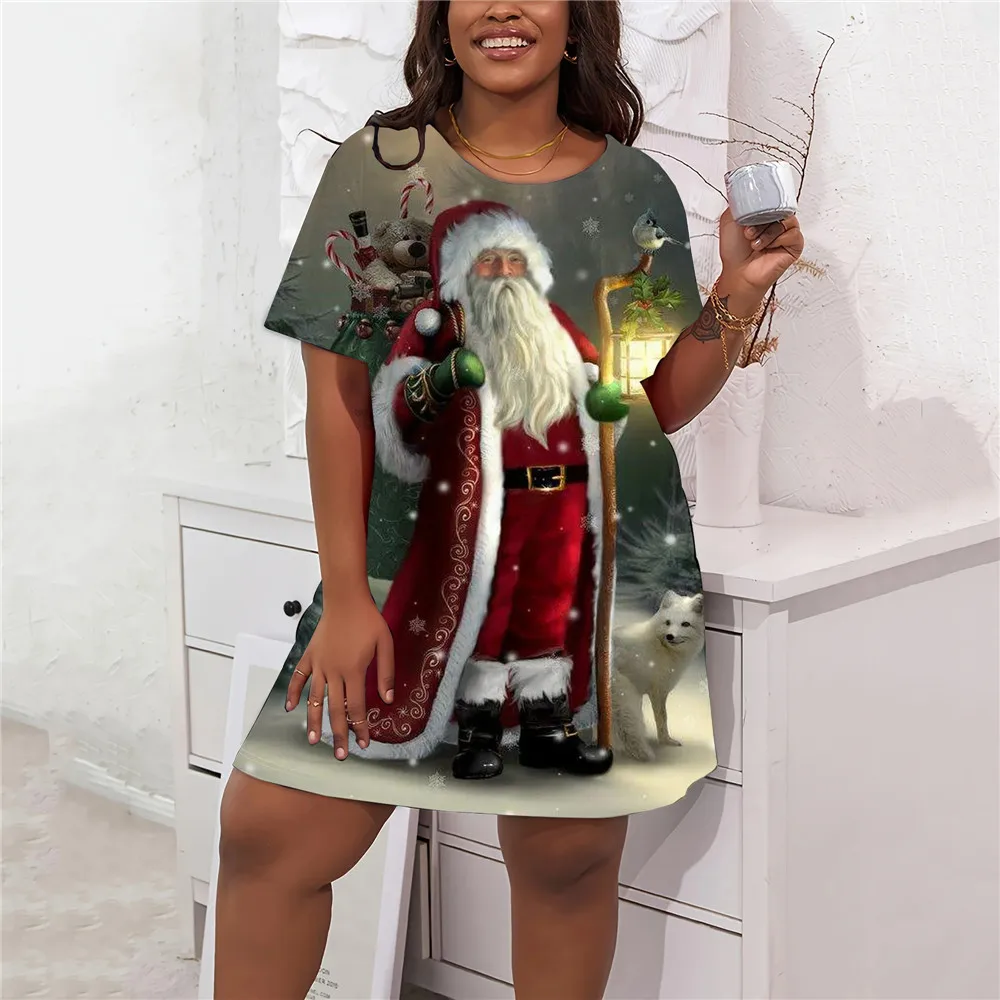 2025 New Year Christmas Deer 3D Print Dress Winter Santa Claus Pattern Party Dress Loose Plus Size Casual Women\'s Party Dresses