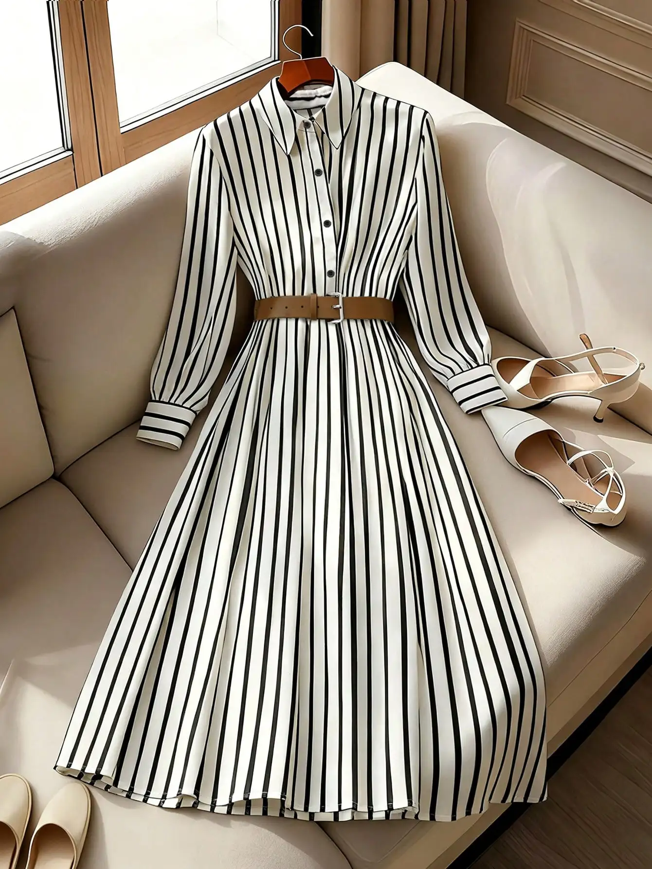 

Women's Striped Shirt Dress with Belt, Long Sleeve, A-Line Fit, Autumn Casual Wear