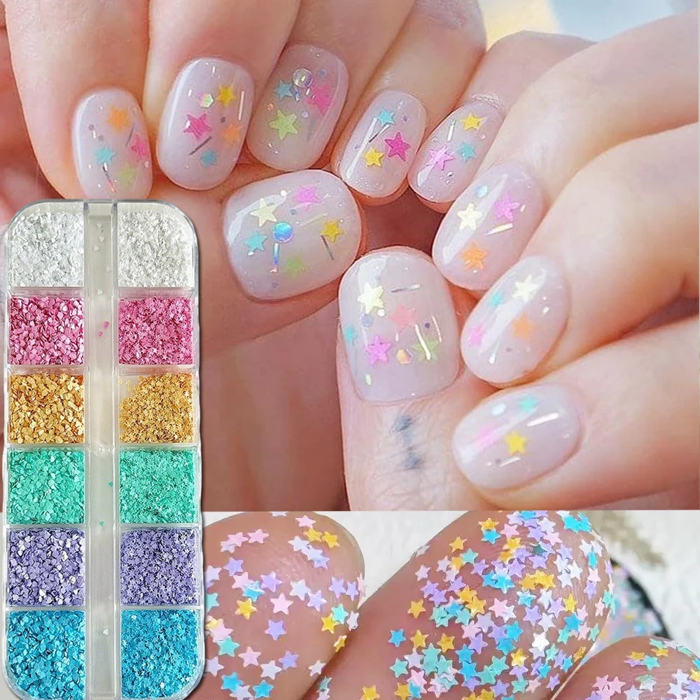 12grids 3D Macaron Star Heart Glitters Nail Art Sequins Korean Style 1mm Colorful Love Heart Star Nail Flakes Dopamine Nail Deco