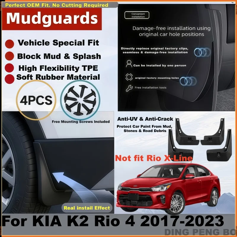 Front & Rear Mud Flaps Splash Guards for KIA K2 Rio 4 (2017-2023), No-Drill Installation, Black Plastic Car Accessories