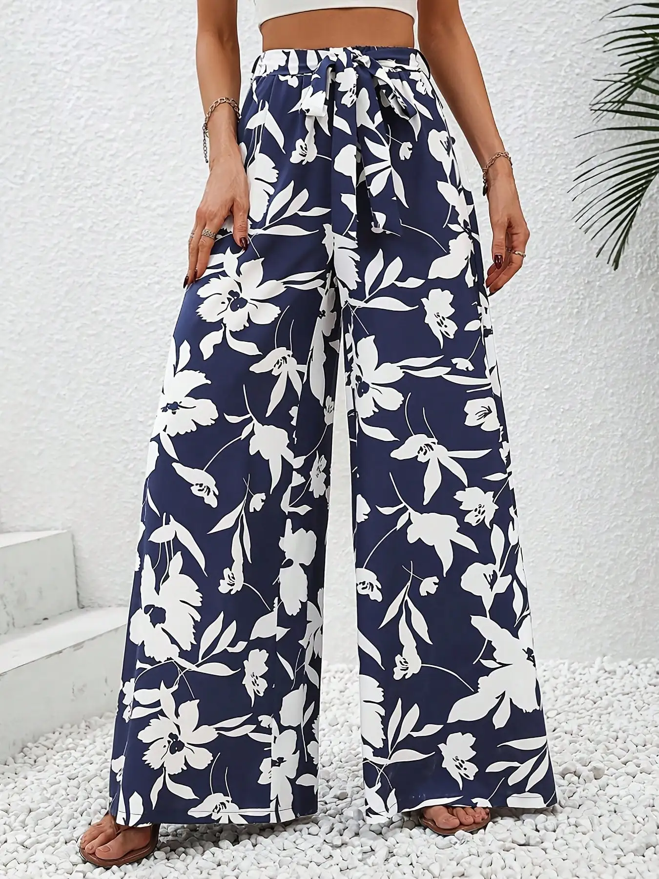 Floral Print High-Waisted Wide-Leg Pants Summer Vacation Style Casual Comfortable Women's Long Pants