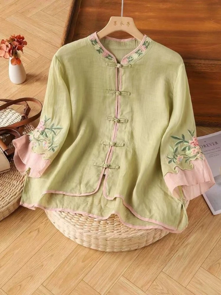 Embroidery Chinese Style Blouses Summer Vintage Women\'s Shirt Loose Cotton Linen Women Tops Short Sleeves Clothing 2024 Korean