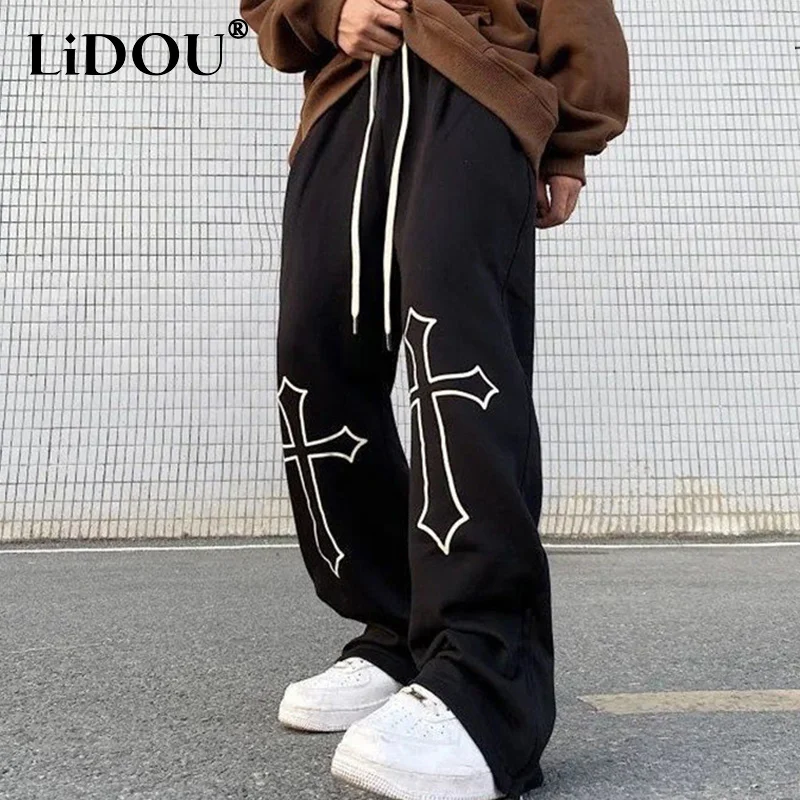 Autumn Hip Hop Fashion Y2K Casual Male Pants Cross Printed Loose Baggy Trousers Man Youth Straight Wide Leg Streetwear Clothes