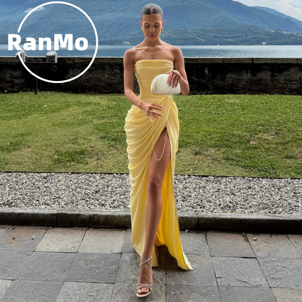Ranmo Simple Yellow New Satin Mermaid Strapless Evening Gown Sleeveless Halter Floor-Length Side High Slit Prom Gown Customized