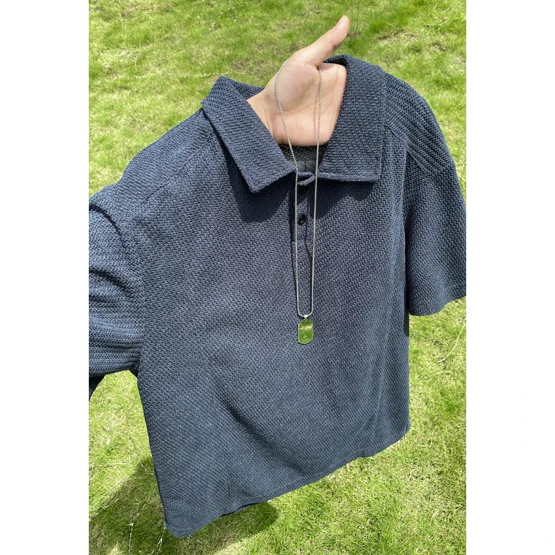 Mens Casual Polo Short Sleeve Shirt Waffle Knit Texture Button Placket Loose Cut For Weekend Gathering And Outing Scenarios