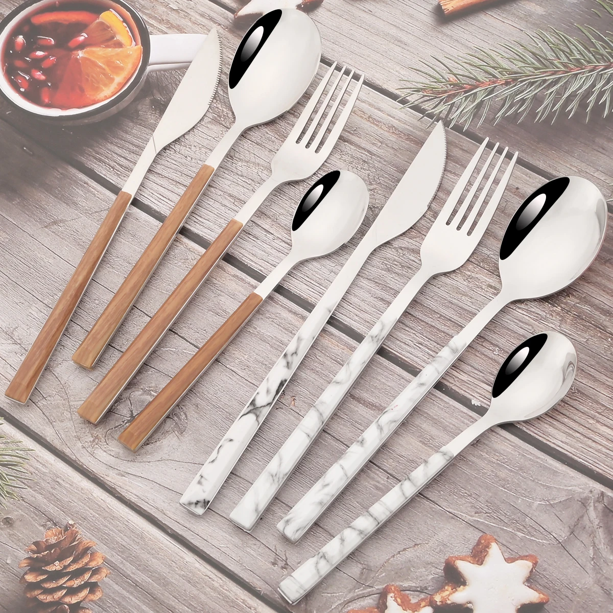 24/30Pcs Wood Handle Dinnerware Set Steak Knife Forks Dessert Spoon Cutlery Set Stainless Steel Tableware Home Kitchen Flatware