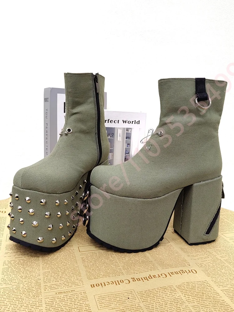 2026 New Army Green Canvas Platform Ankle Boots Silver Studded Chunky High Heel Boots Gothic Punk Style Side Zipper Women Boots