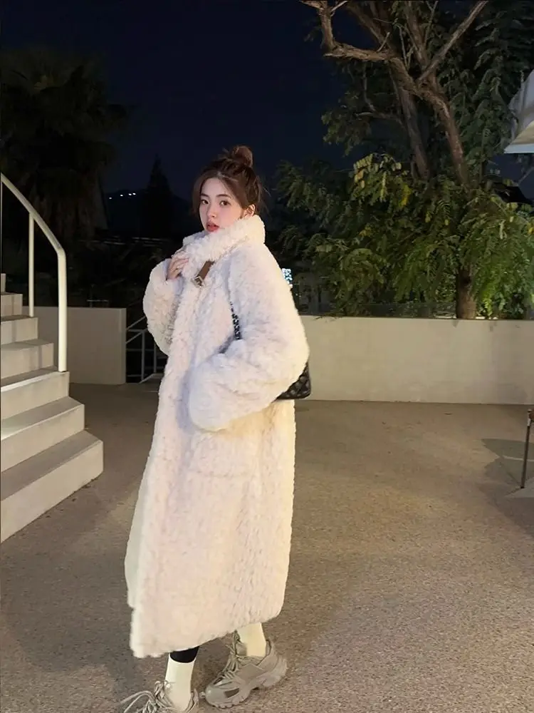 Lamb Wool Coat Women\'s Long Coat Knee High Design Wealthy Family Imitation Rabbit Fur Thick and Loose Stand Collar