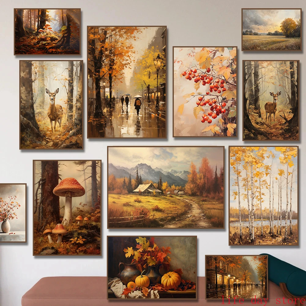 1 Stück rahmenloses Herbst-Landschafts-Leinwandbild: Feld, Birkenbaum, Hirsch, Stilleben, Herbstblätter, Vase, Poster, Natur-Wandkunst für das Wohnzimmer
