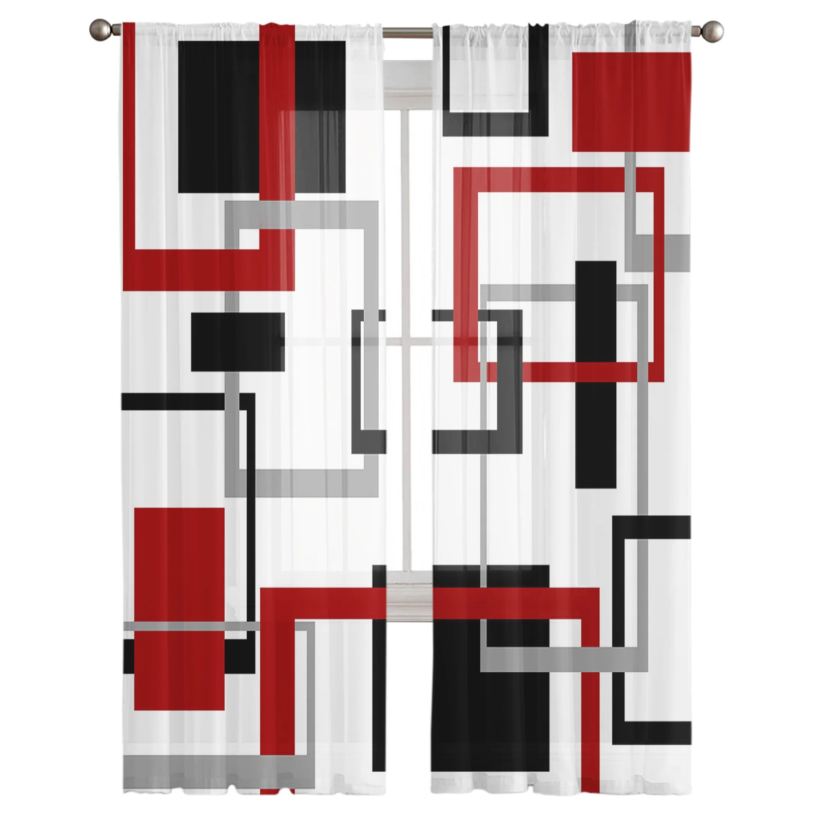 Abstract Geometric Squares Art Black Red Sheer Curtain Living Room Printed Tulle Window Curtain Luxury Home Balcony Decor Drapes