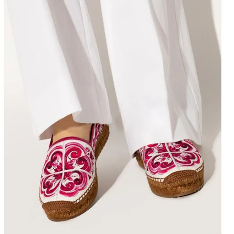 Blue and White Porcelain Flat Loafers Rope Braided Sole Fisherman Shoes Women Pink Red Flower Printing Leisure Slip On Shoes