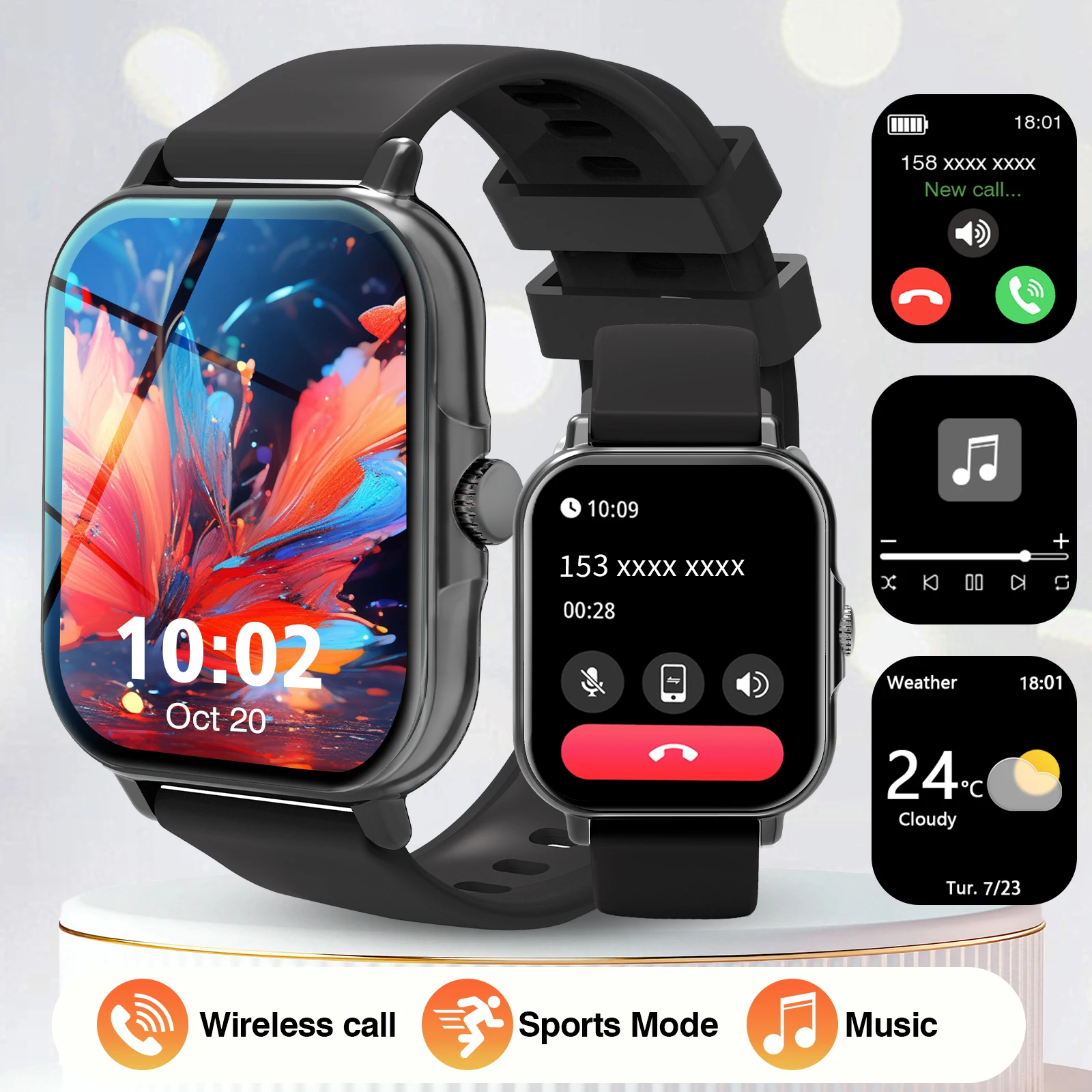 

2026 Smart Watch with Wireless Calling, Weather Forecast & Sports Mode, DIY Wallpaper SMS Alerts Silicone Strap for Men Women