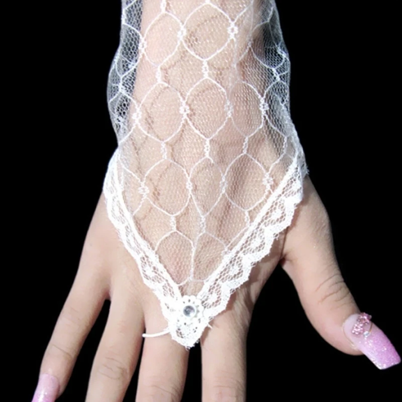 

Women Summer Fingerless Gloves Plaid Mesh Ruffled Lace White Wedding Mittens Drop shipping