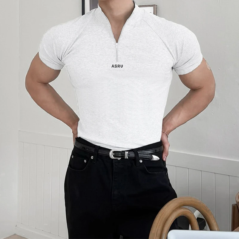 Vintage Zip-up Stand Collar Polo Shirts Mens Casual Short Sleeve Slim Elastic Polo Shirt Fashionable Men's Sports Fashion Polos