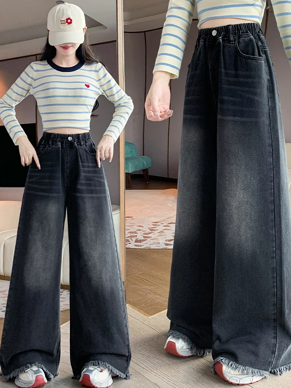 Black Frayed Hem Wide Leg Jeans High Waist Straight Casual Pants plus Size Women's Fashionable Casual Trousers for Daily Wear