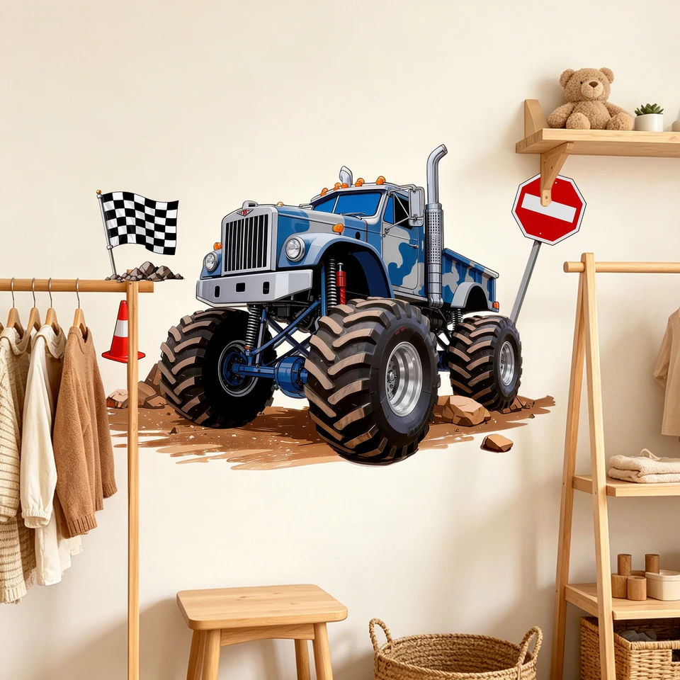 Blue Camo Monster Truck Wall Stickers Racing Flag Stop Sign Traffic Cone Rocky Ground Wall Decals Removable Boys Bedroom Playroo