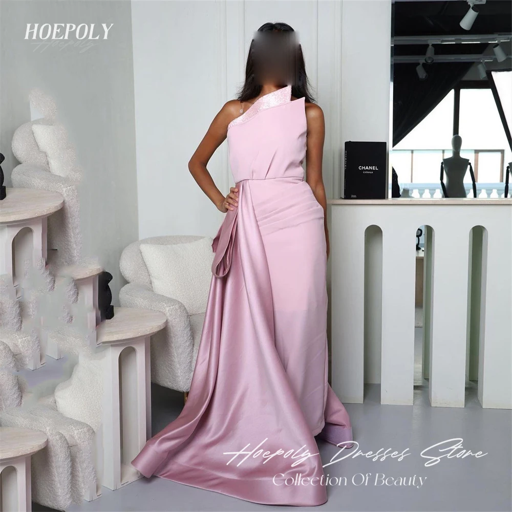 

Hoepoly Luxury Strapless Sequined Sleeveless Pleat Mermaid Long Evening Dress For Party Ankle Length Sweep Train Prom Gown