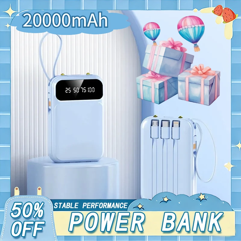 

20000mAh 4 in1 Built-in Cable Power Bank, Charging Portable Charger, Ultra Slim External Battery for IPhone Samsung Power Bank