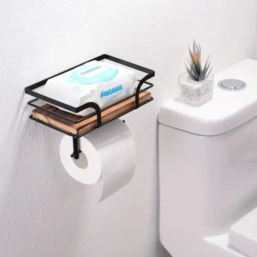 Wooden Wall Mounted Drill Toilet Paper Holder with Screws Metal Toilet Roll Holder for Kitchen Bathroom Organization and Storage