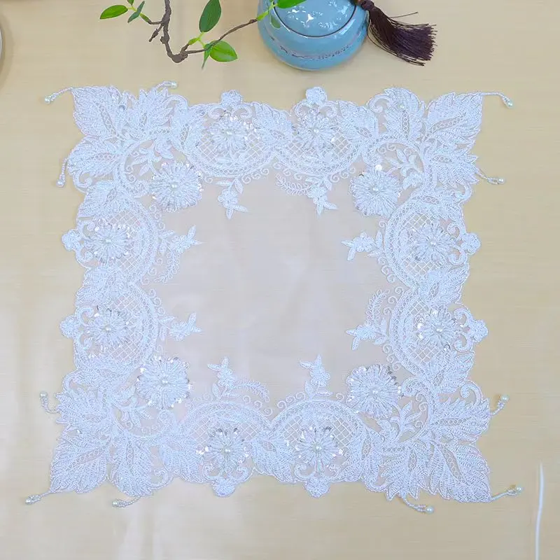 NEW white beads flowers Embroidery table cloth cover wedding party tablecloth kitchen Christmas Table decoration and accessories