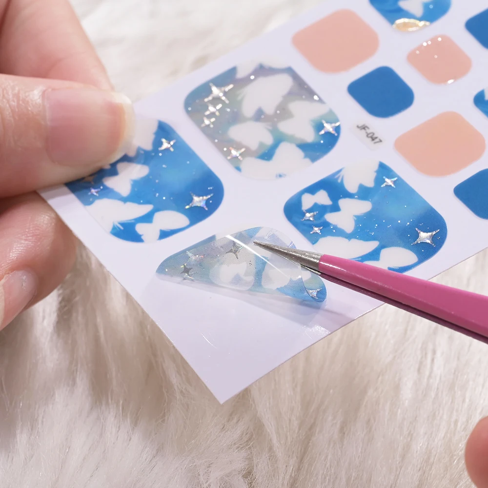 5Pcs(110Tips) Butterfly Printed Toe Nail Stickers Self Adhesive Glitter Decals Full ToeNail Wraps Toenail Polish Stickers Strips