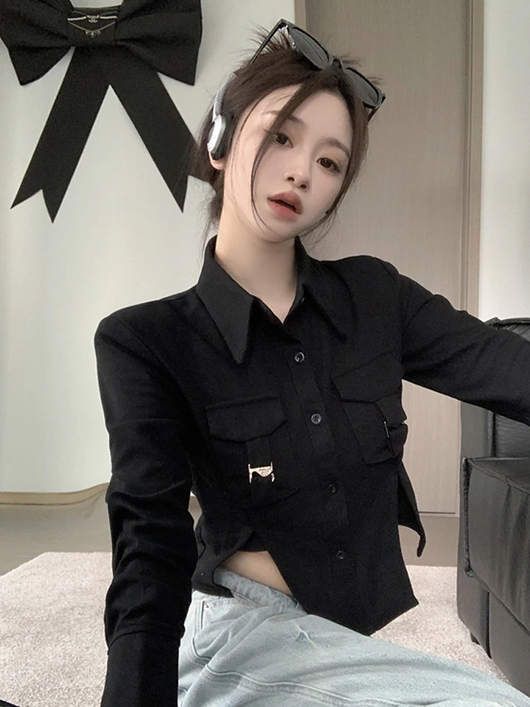 SONNEESD Autumn Tooling Irregular Shirt American Style Vintage Single-Breasted Harajuku Full Sleeve Slim Black Blouses Shirt