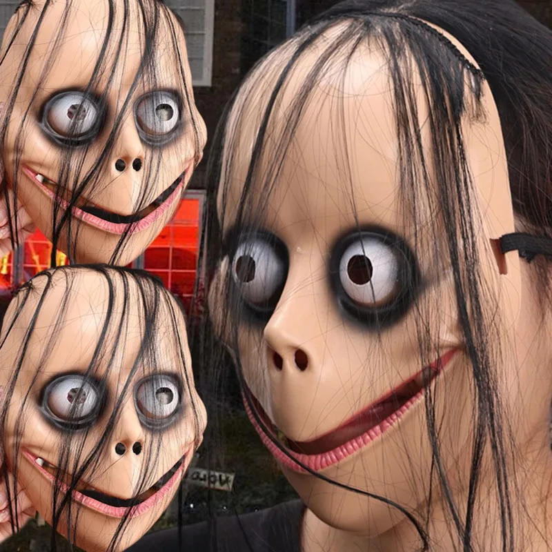 Smiling Demons Horror Face Masks for Men Women Halloween Props Party Masquerade Mask Funny Scary Cosplay Long Hair Mask