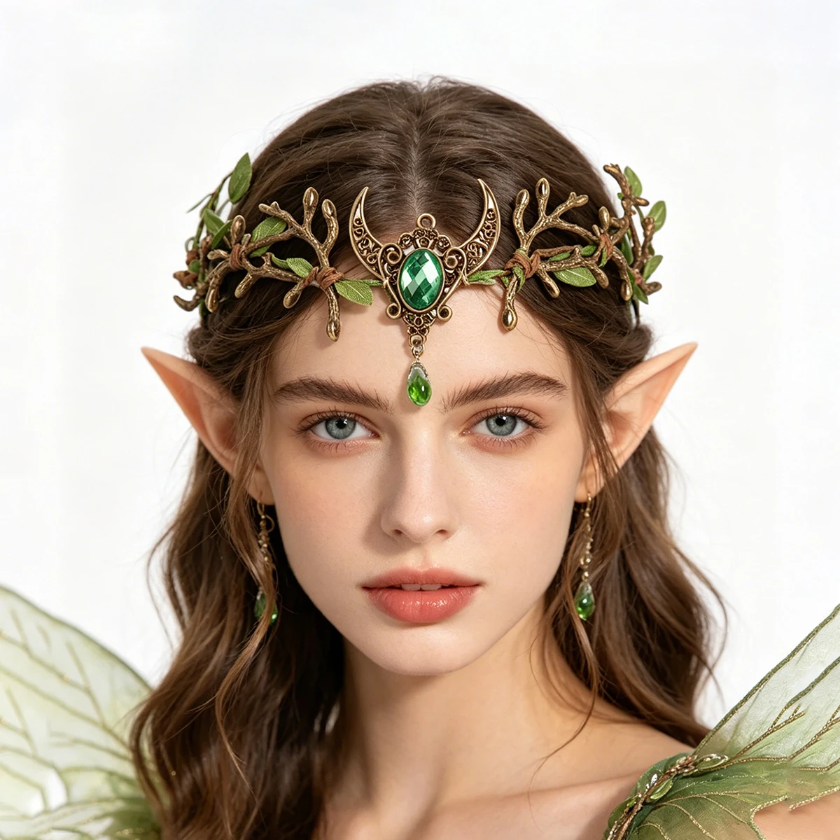 

Fantasy Forest Fairy Moon Accessory - Green Gemstone Branch and Leaf Headband - Halloween / Fairy-Themed Party / Outdoor Photo Shoots