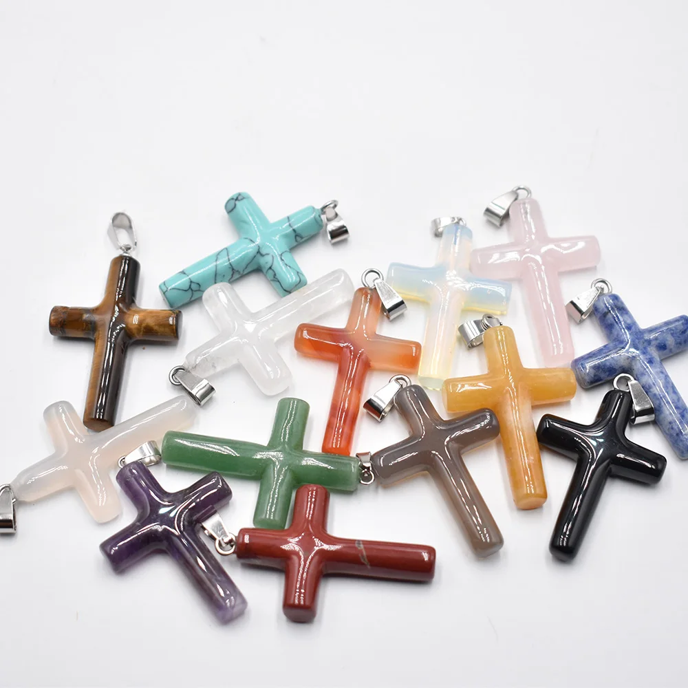 Großhandel 10 Stück/Set Modische Naturstein-Mischung 40x28mm Lange Kreuzanhänger für Schmuckherstellung Charm-Halsketten-Zubehör – Detail 15