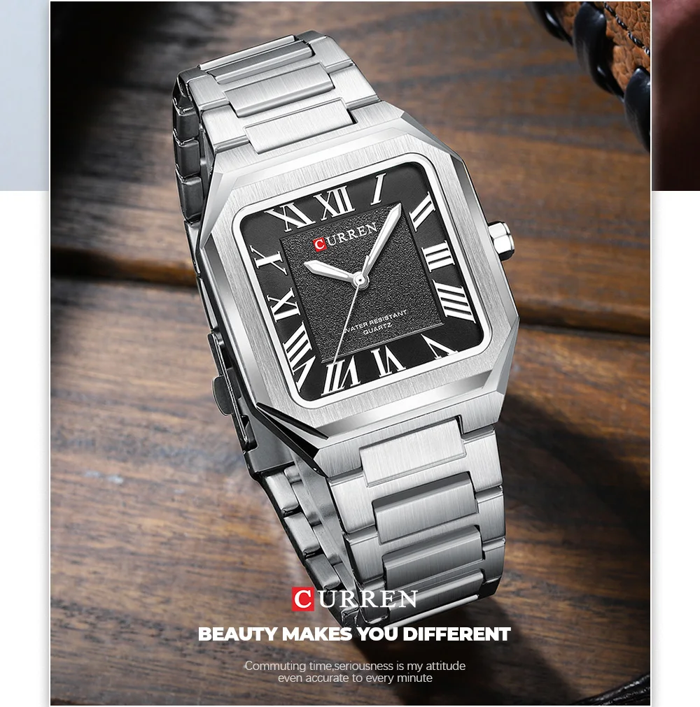 CURREN Minimalistische Eleganz Herren-Quarzuhr Quadratisches Zifferblatt mit Leuchtzeigern Edelstahlarmband Moderne Klassische Armbanduhr – Detail 11