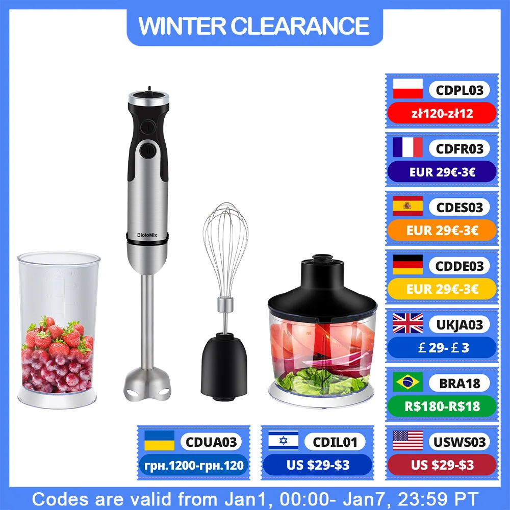 BioloMix 1200W 5-in-1 Immersion Hand Stick Blender Mixer Vegetable Meat Grinder 800ml Chopper Whisk 600ml Smoothie Cup