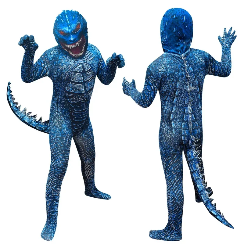 HN8 เด็กฮาโลวีนเครื่องแต่งกาย Godzillaa COSPLAY Jumpsuit หมวกไดโนเสาร์ประสิทธิภาพแฟนตาซีบุคลิกภาพเด็กของขวัญวันเกิด 8...Gf