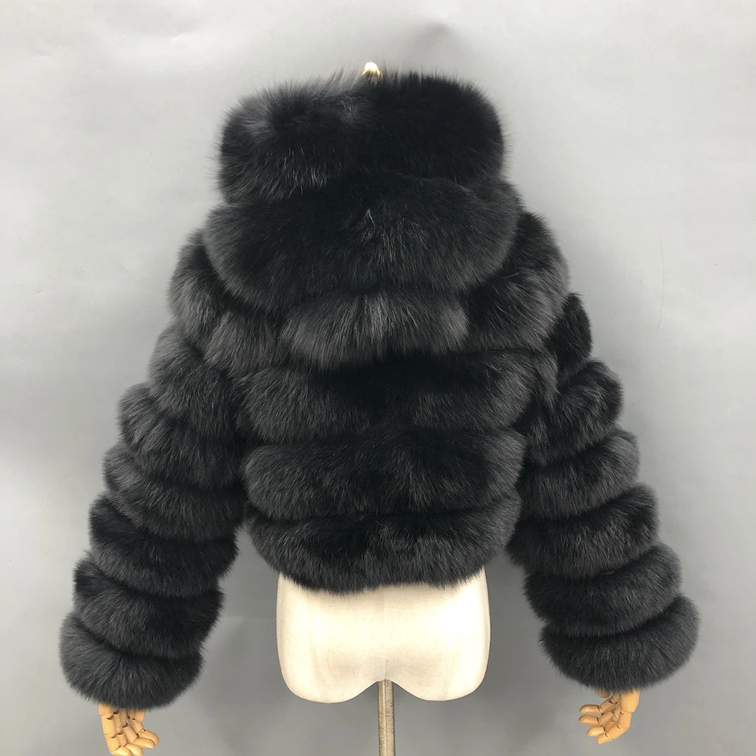 MISSJANEFUR Crop Fur Jackets with Hood for Women Fashion Luxury Real Fox Fur Coats Full Sleeve Warm Custom Winter Bubble Coats