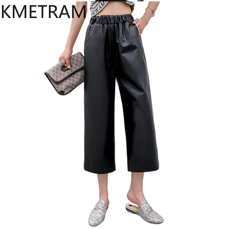 KMETRAM 100% Top Layer of Cowhide Women Pants Autumn 2025 Black Cropped Pants Genuine Leather Straight Trousers Woman Clothes