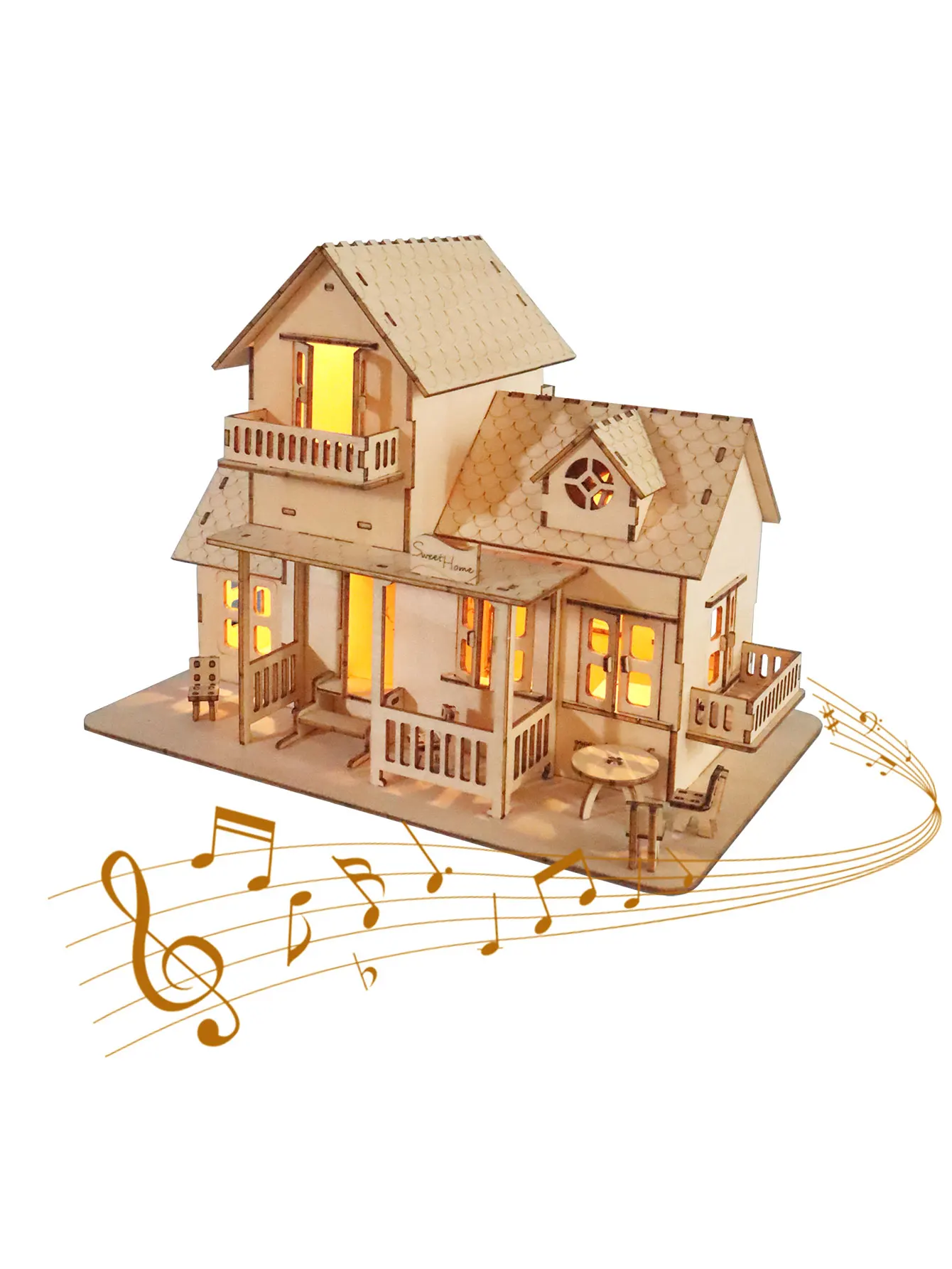 3D Wooden Puzzle Sweet Home Music Box Model Kits Building with LED Night Lights