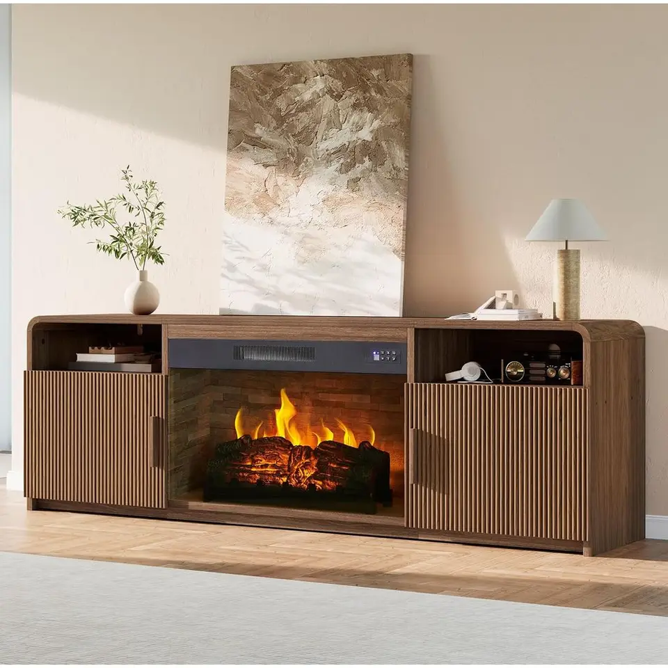 Modern Luted Electric Fireplace TV Stand with Storage