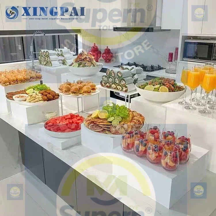 XINGPAI Hotel Supplies Rectangle Clear Display Cube Food Table White Acrylic Catering Buffet Risers for Food Display