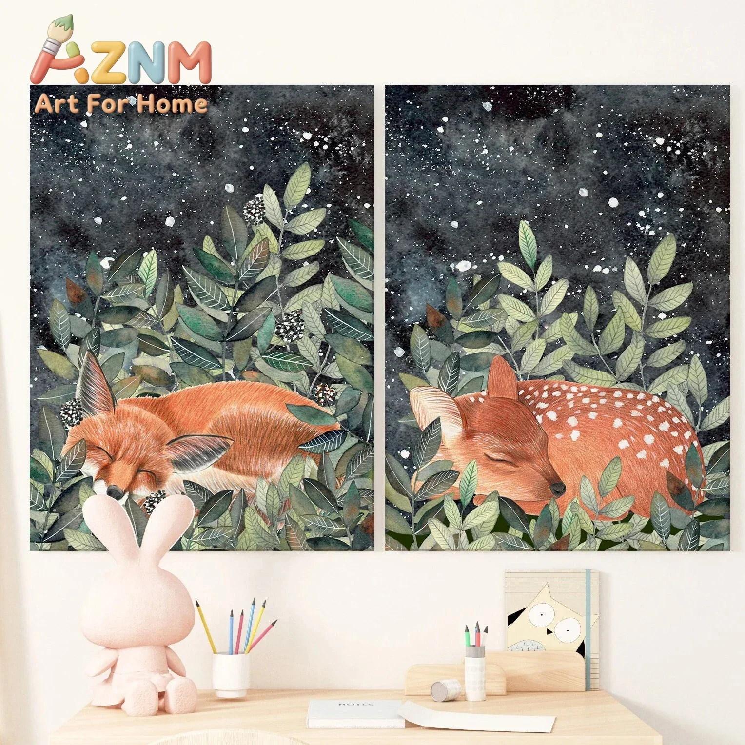 1pc frameless Woodland Forest Animals Night Sky Wall Art Bear and Moon Poster Fox Deer Sleeping Illustration Canvas Painting Kid