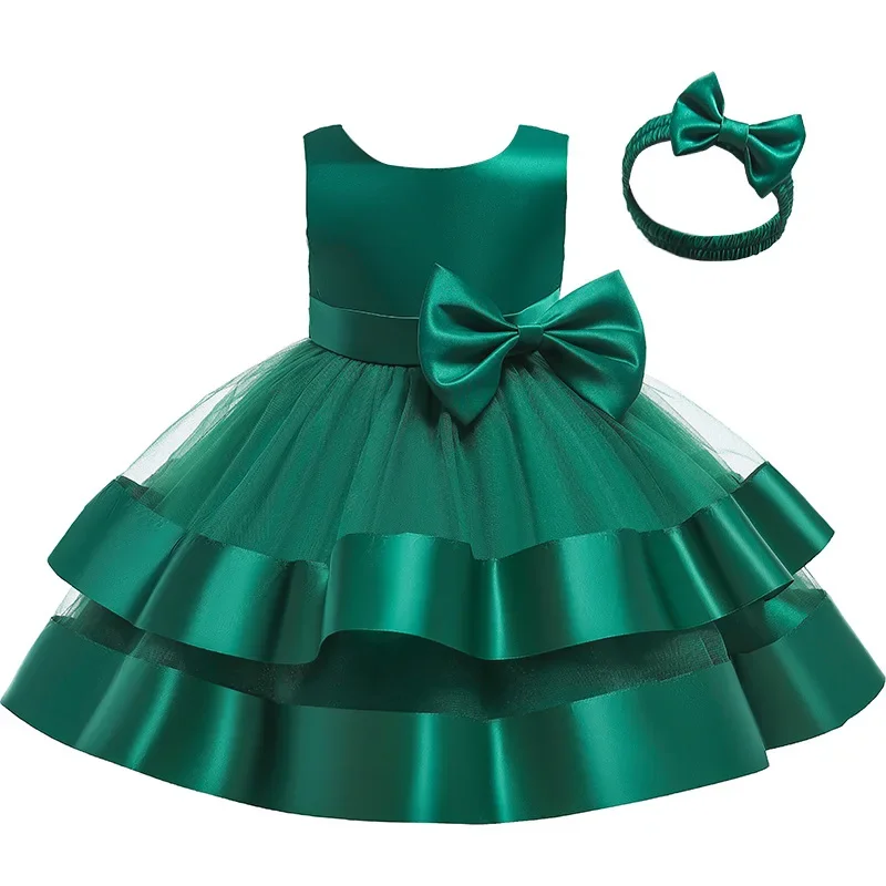 Satin Large Bow Girls Princess Dresses Puff Sleeves Children Vestido Host Wedding Birthday Party Tutu Dress Kids Fashion Clothes