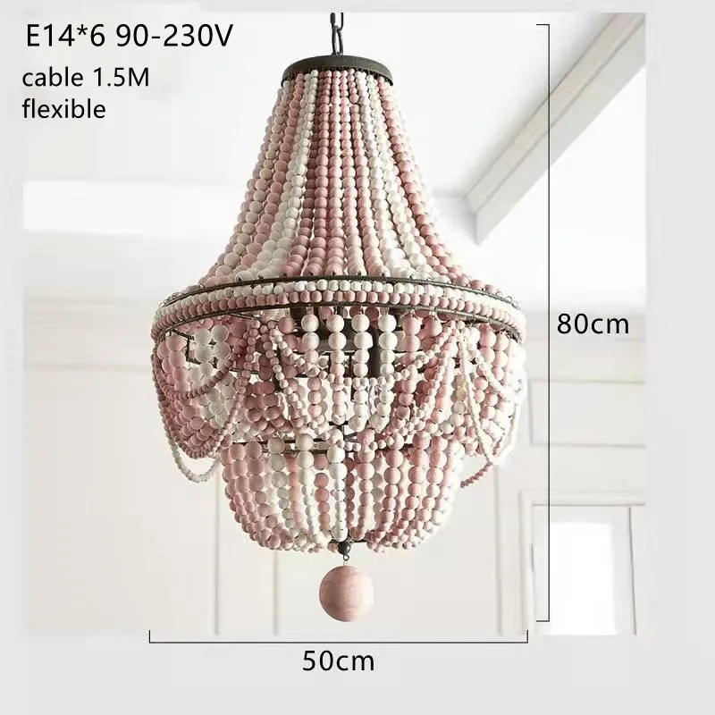 France Wood Bead Chandelier Pendant Lights Gray Blue Finishing Retro Vintage Antique Rustic Kitchen Ceiling Lamp Light Fixtures
