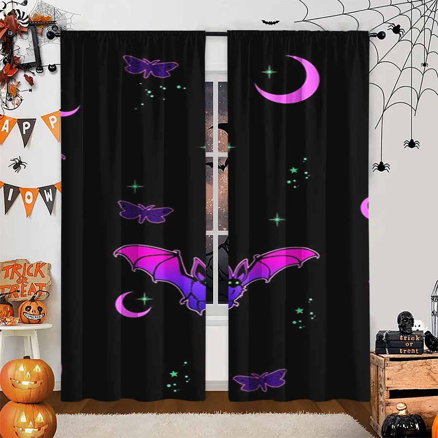 2PCS Digital Print Curtain, Purple Bat Moth Moon Stars Neon Black, Halloween Gothic Mystic for Living Room Bedroom Decor