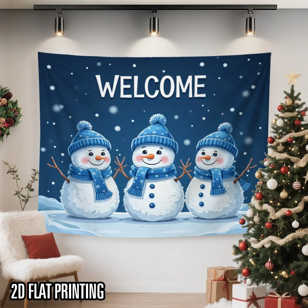 2D Flat Print 1pc Tapestry, Welcome Three Snowmen Dark Blue Background Wall Hanging, Christmas Tapestry, Bedroom Decor