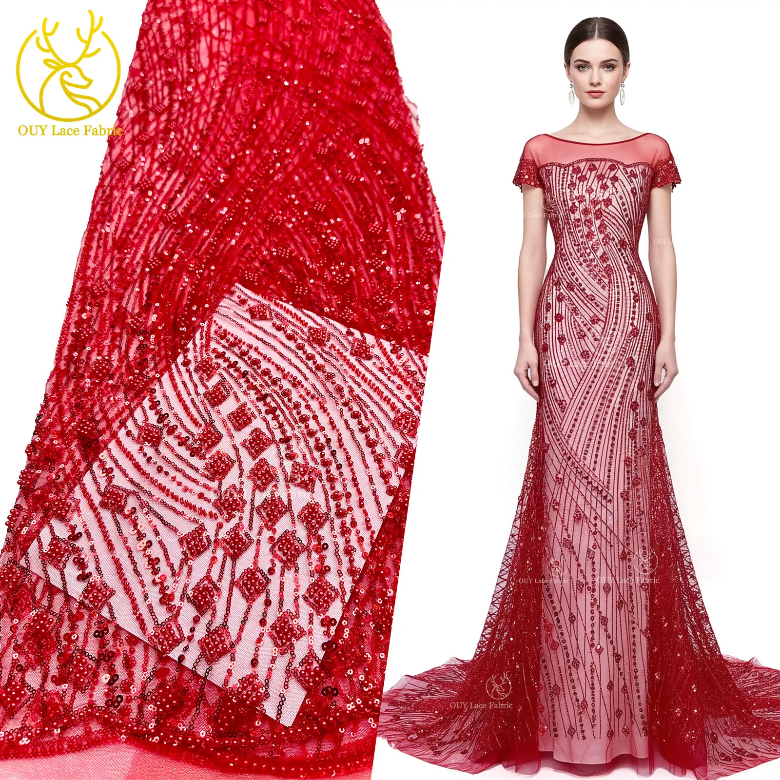قماش دانتيل مطرز أفريقي 2026 جودة عالية مشرق أحمر نيجيري مطرز أقمشة الدانتيل ثوب زفاف مواد الخياطة 5 ياردات #1