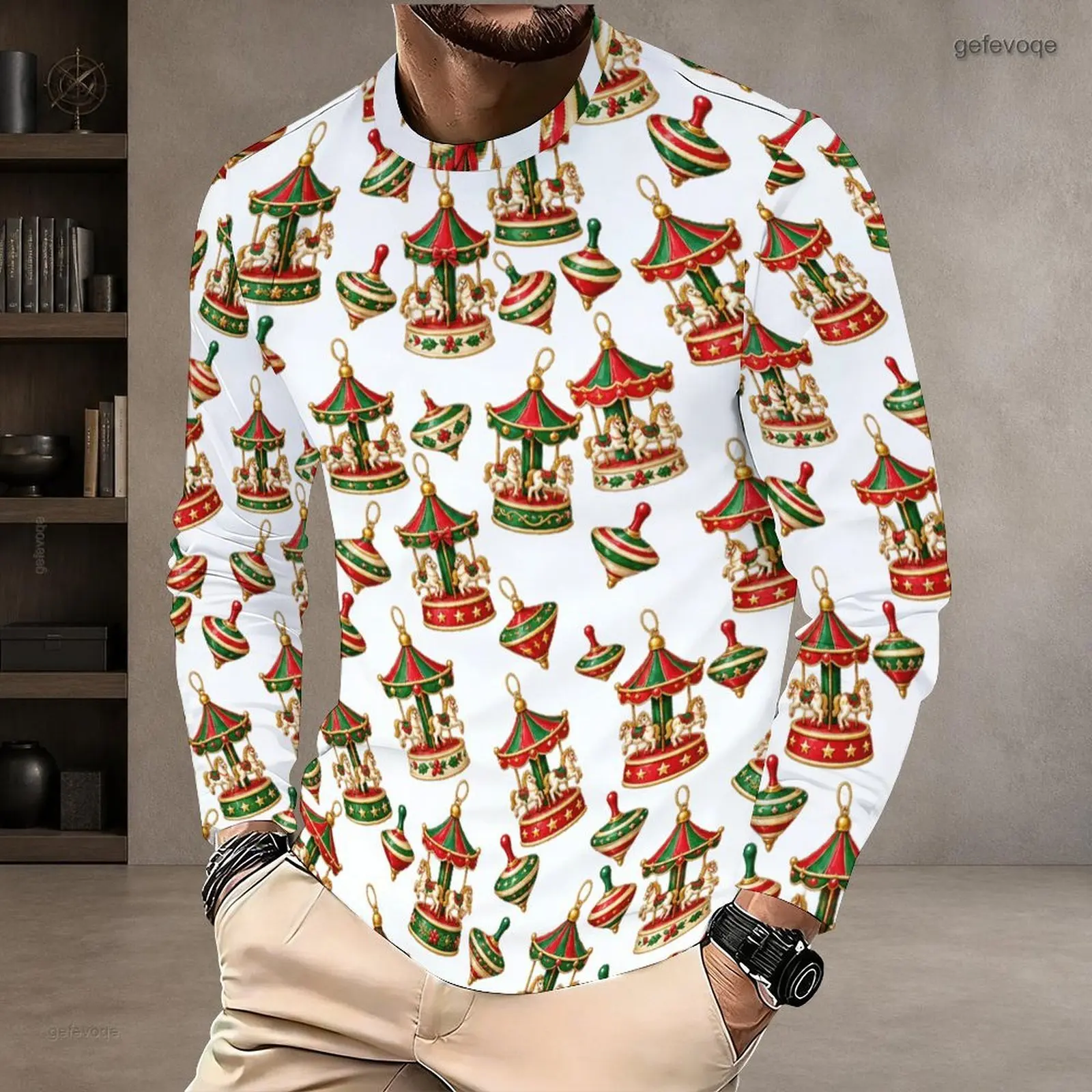 Men White Printed Round Neck Long Sleeve T-Shirt, Raccoon Elf Red Gift Golden Star Pattern