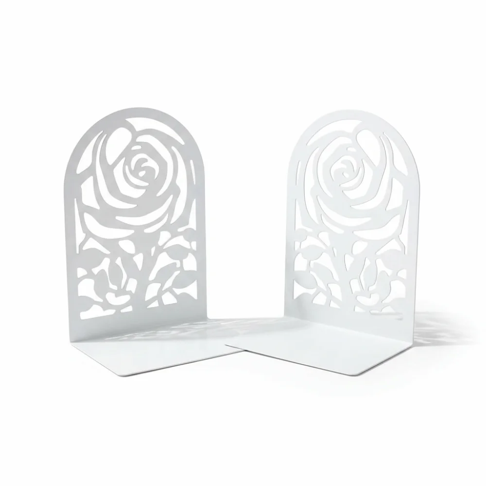 2Pcs Durable Metal Rose Bookends Non-slip L Shaped Book Stoppers Decorative Hollow Design Book Ends Study Room